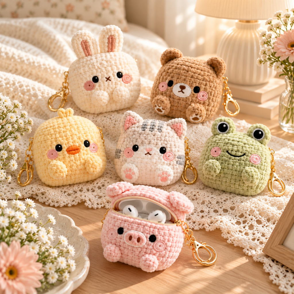 Crochet Earbud Pouch Pattern PDF Bundle, 6 Kawaii Animals: Bunny Bear Duck Cat Frog Pig, Keychain Bag Charm, Wireless Earbud Holder