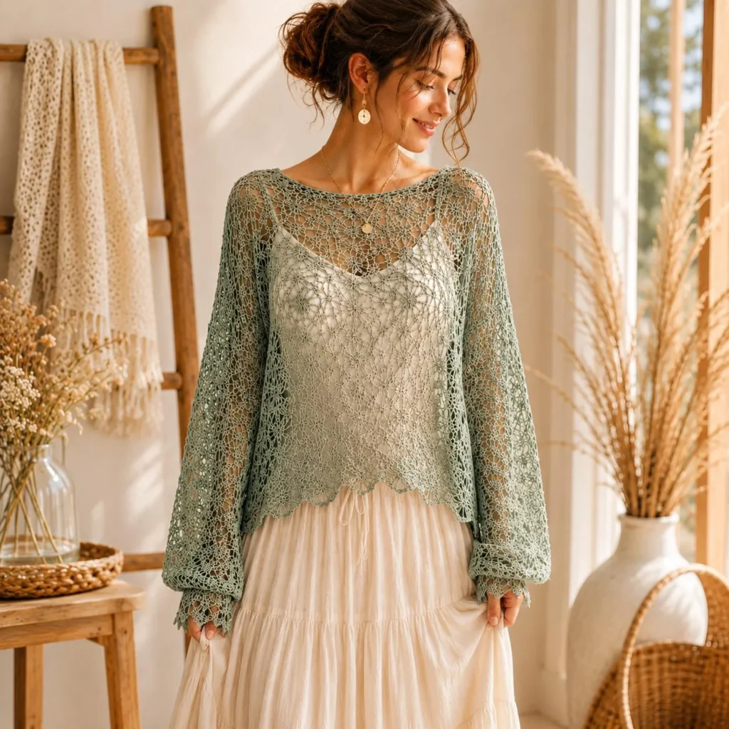 Boho Mesh Sweater Crochet Pattern PDF, Beginner Crochet Shirt, Bell Sleeve Mesh Top, XS–5XL, Easy Summer Pullover, Instant Download